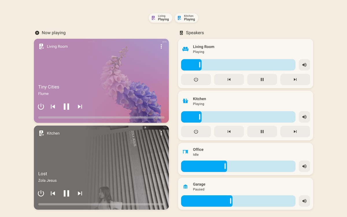 Home Assistant media lab dashboard running the Warm Burnout theme (Light), on desktop