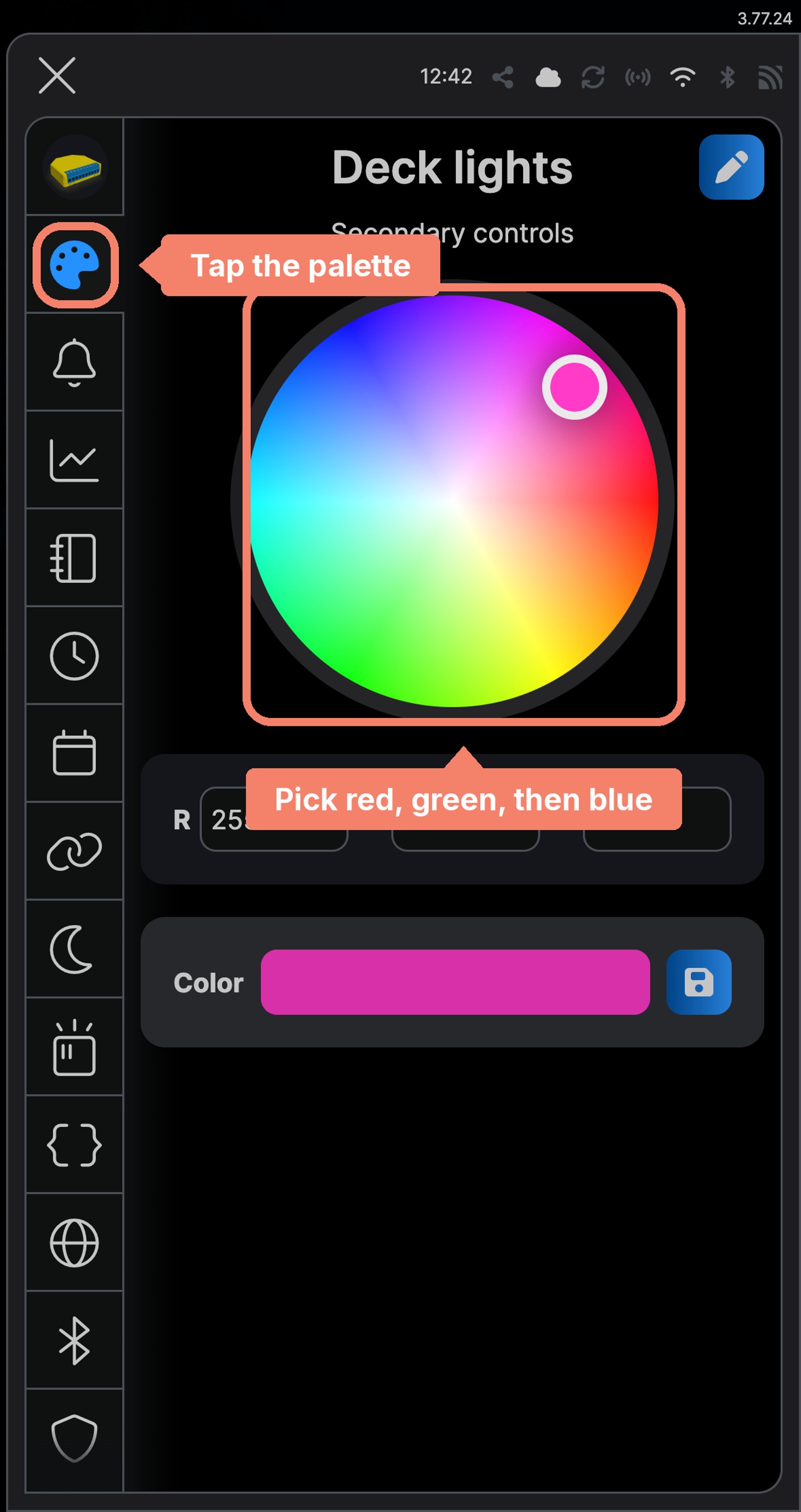 Shelly app colour wheel for Deck lights, with the palette in the side menu marked and the wheel labelled to pick red, green then blue.