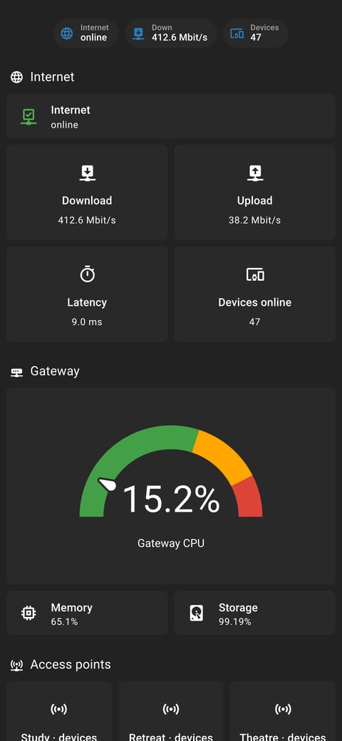 Home Assistant network lab dashboard running the Slate theme (Dark), on a phone
