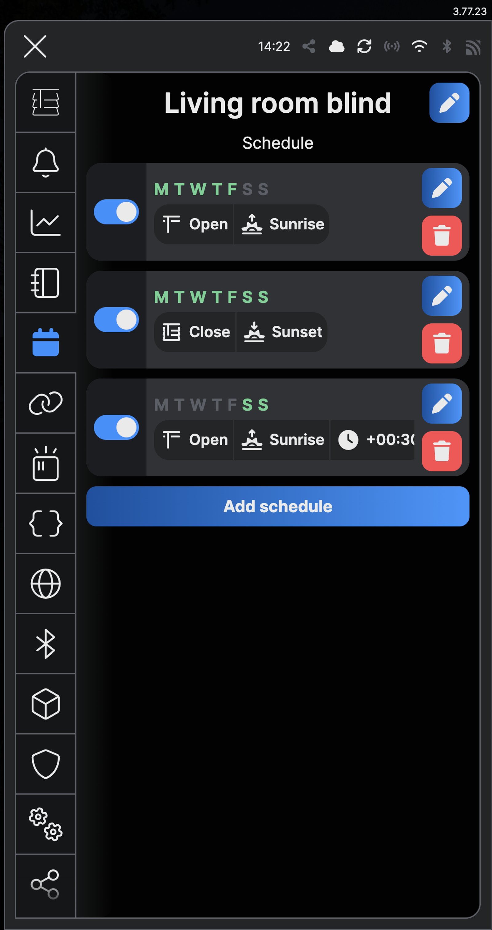 Shelly app Schedule screen for a Shelly 2PM Gen4 named Living room blind: open at sunrise on weekdays, close at sunset every day, and open 30 minutes after sunrise on weekends.