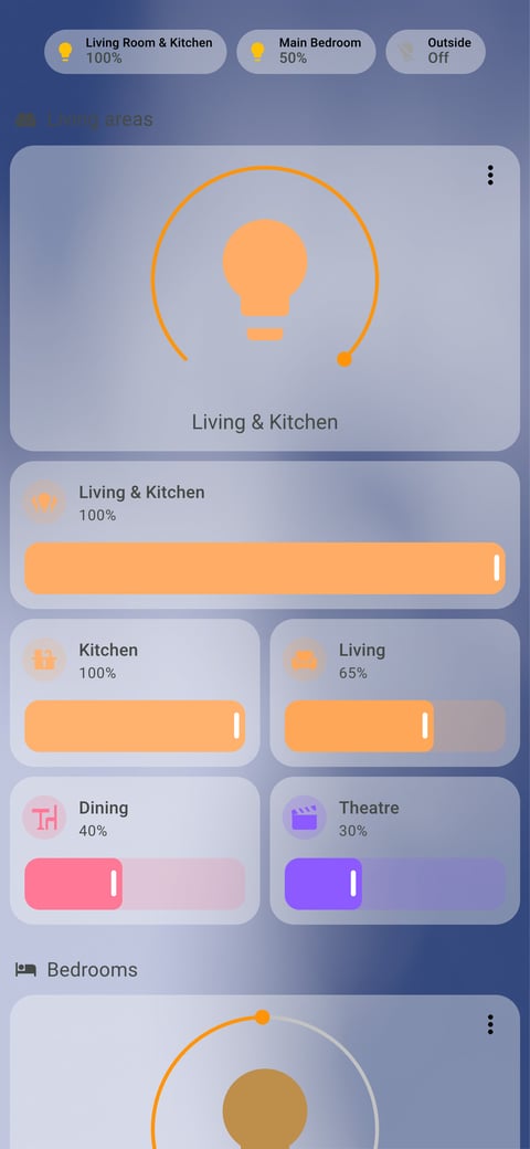 Home Assistant lights lab dashboard running the iOS Themes theme (Light), on a phone