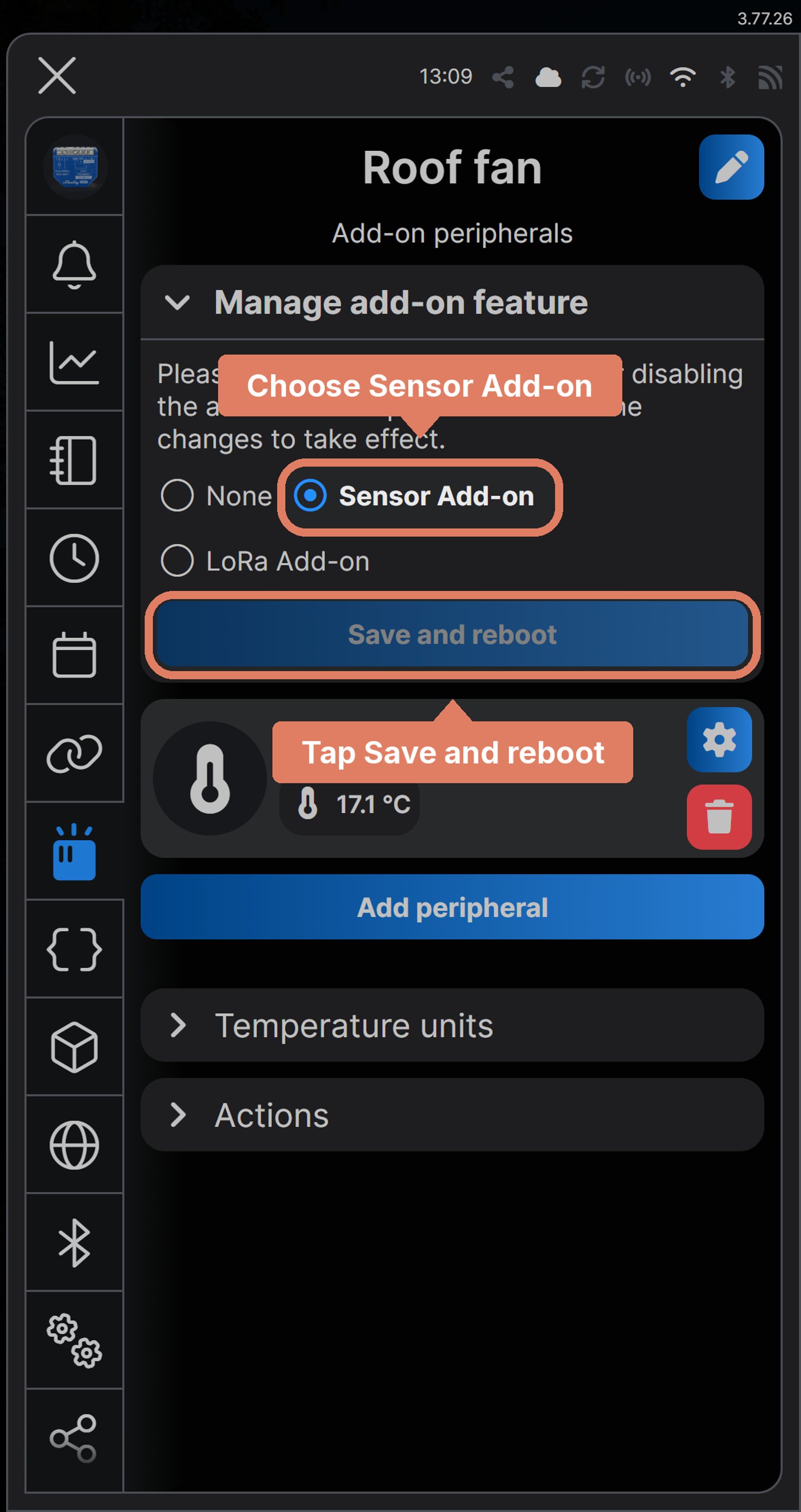 Shelly app Add-on peripherals for Roof fan, with Manage add-on feature open, Sensor Add-on labelled and Save and reboot marked.