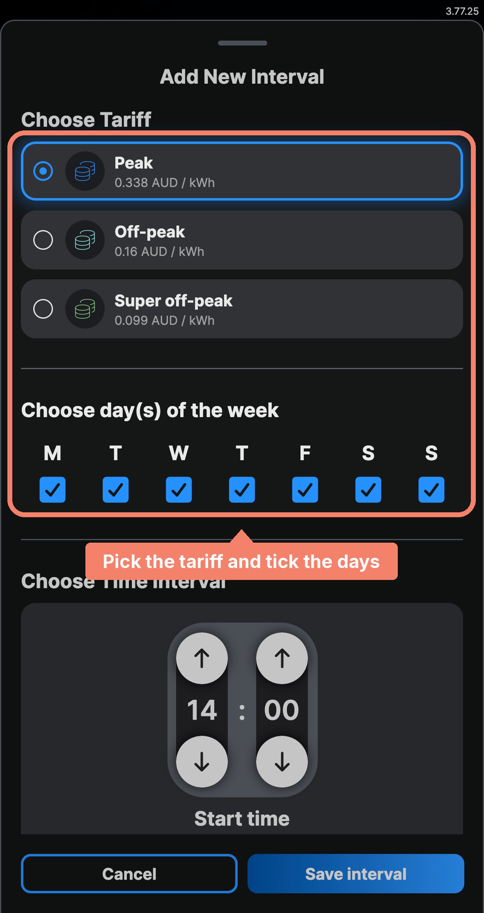 Shelly app Add New Interval dialog with the Peak tariff selected and every day of the week ticked, both marked.