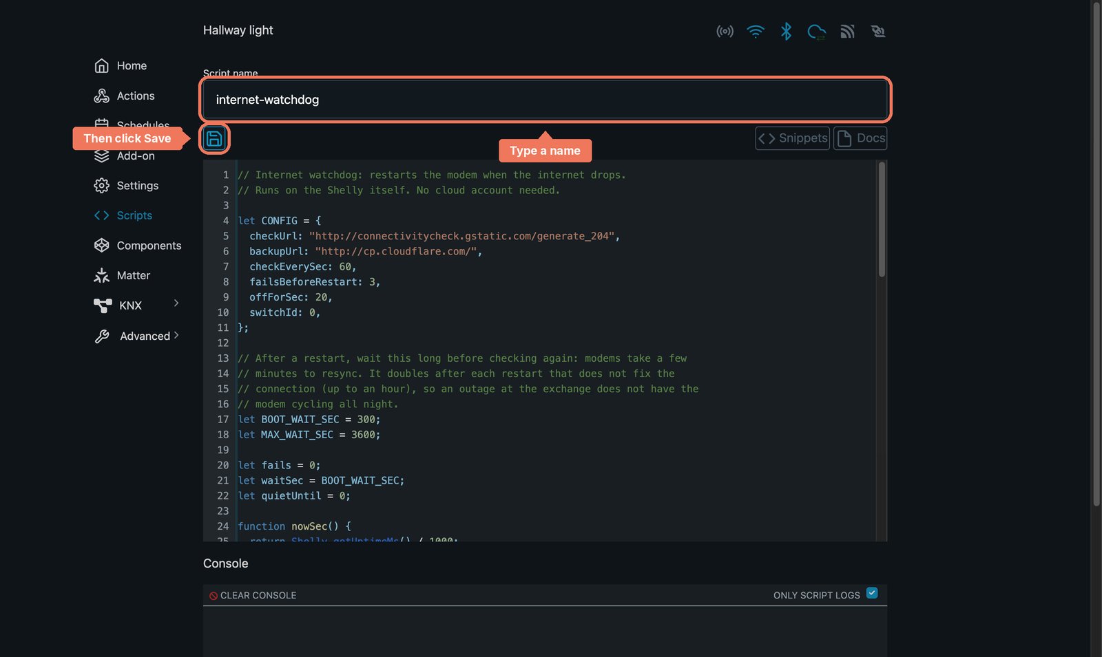 Shelly web interface script editor with the name internet-watchdog typed in and the script pasted, with the name field and the Save disk icon marked