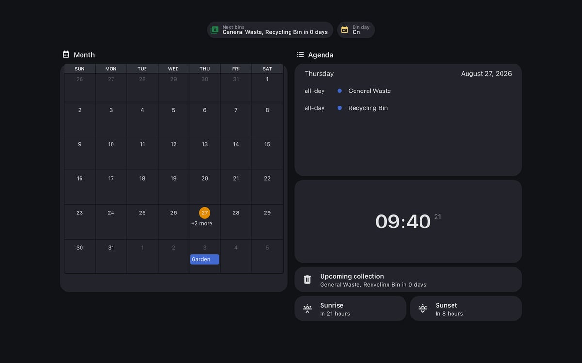 Home Assistant calendar lab dashboard running the Graphite theme (Dark), on desktop