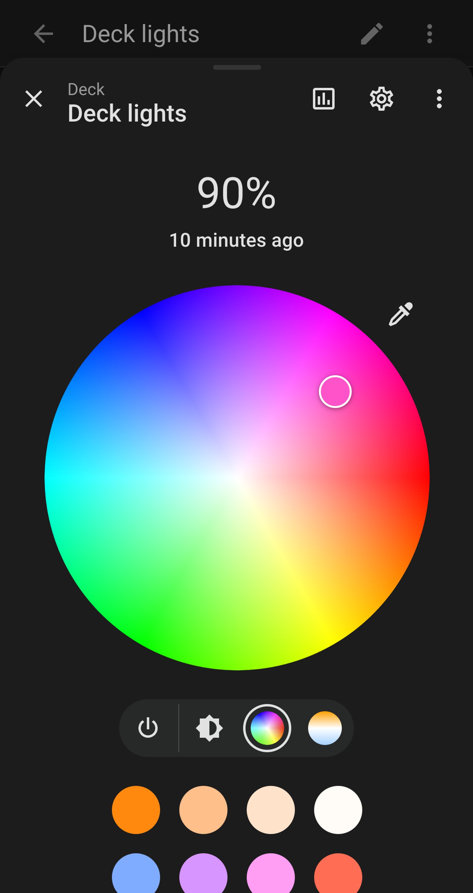 Home Assistant colour wheel for Deck lights, with pink selected.