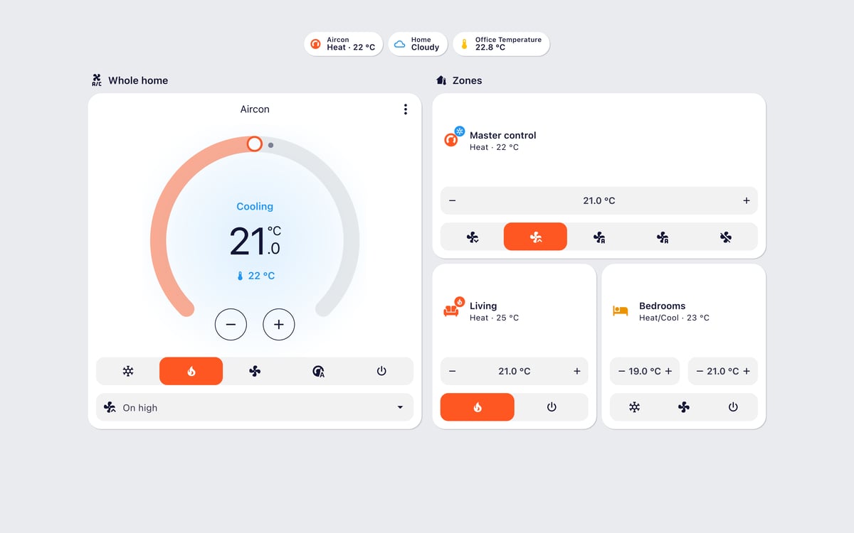 Home Assistant aircon lab dashboard running the Graphite theme (Light), on desktop