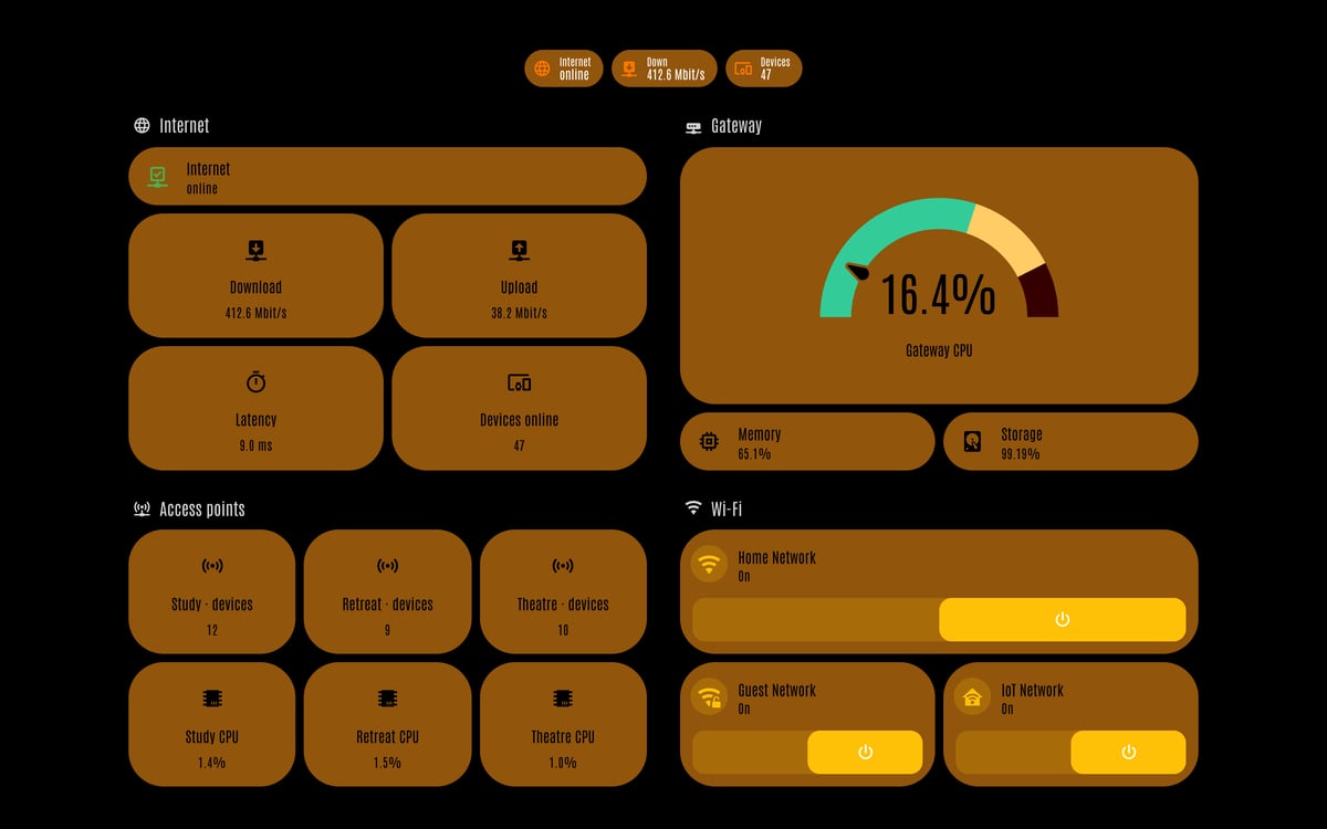 Home Assistant network lab dashboard running the LCARS theme (Lower Decks), on desktop
