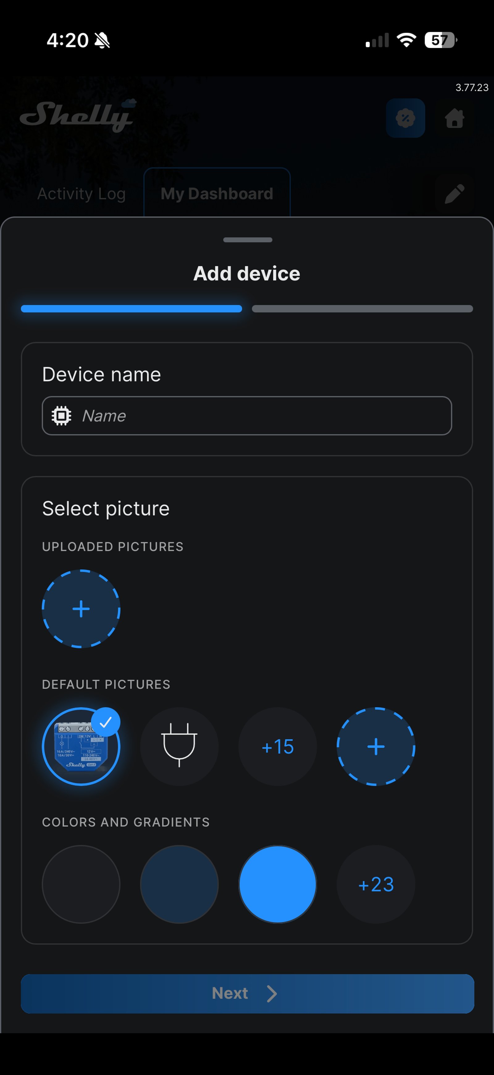 Shelly Smart Control screen for naming a new device and choosing its picture, with the name field empty