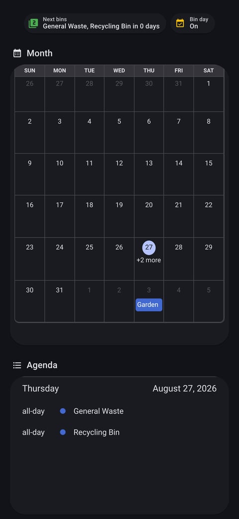 Home Assistant calendar lab dashboard running the Material You theme (Dark), on a phone