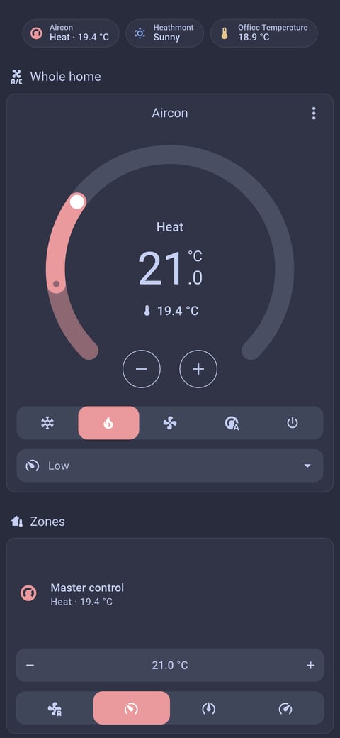 Home Assistant aircon lab dashboard running the Catppuccin theme (Frappe), on a phone