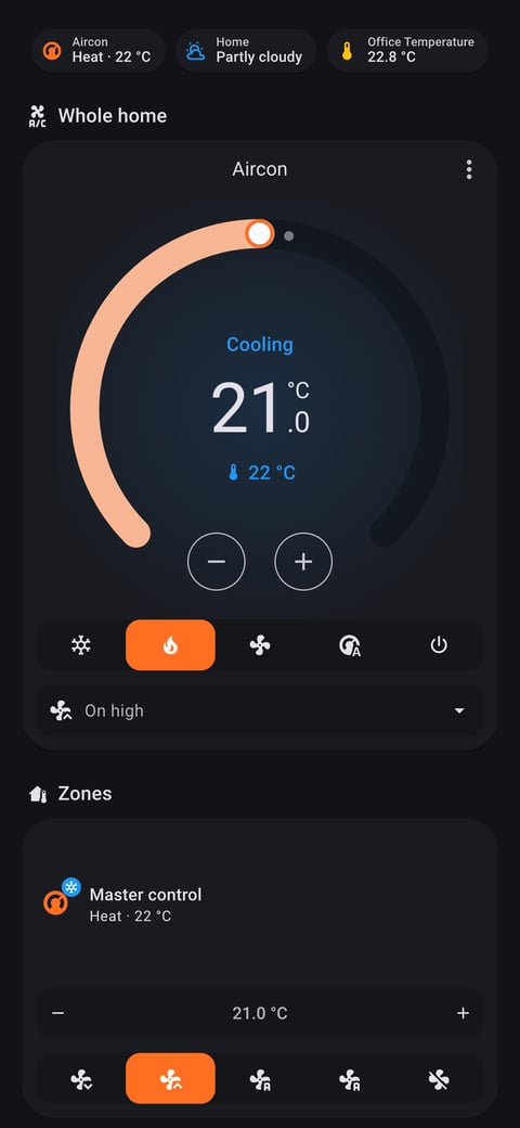 Home Assistant aircon lab dashboard running the Material You theme (Dark), on a phone