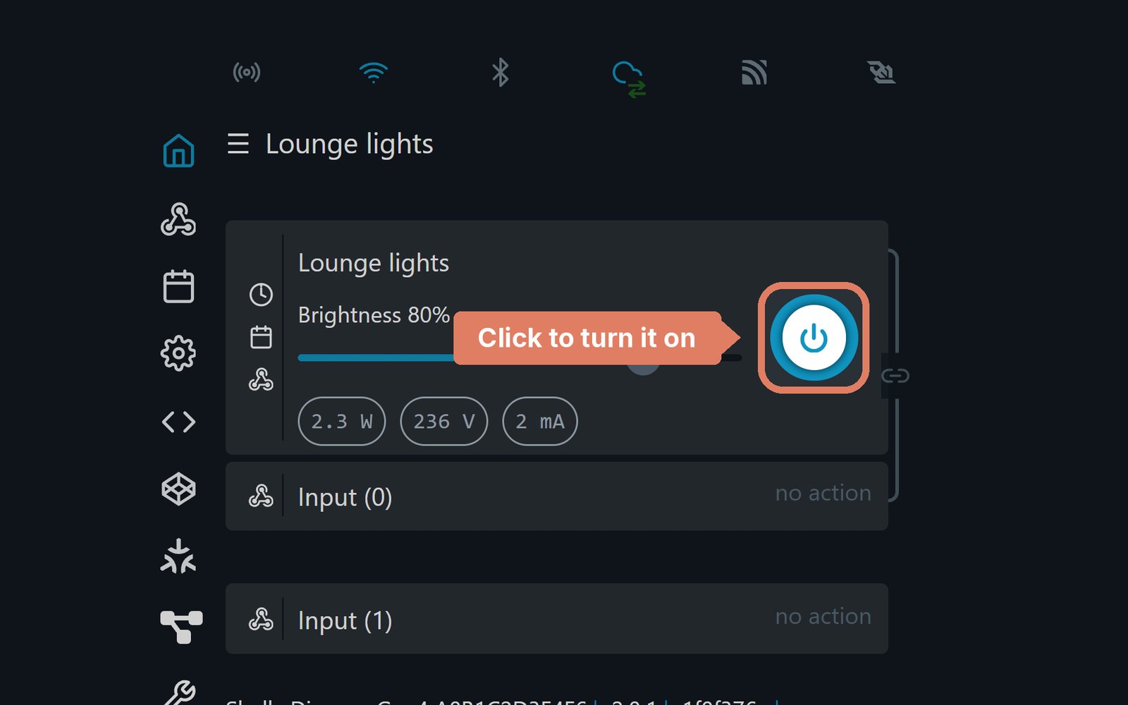 The Shelly Dimmer Gen4 web page's home screen, with the power button marked