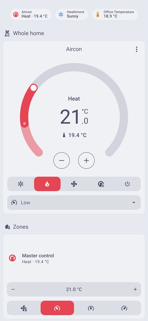 Home Assistant aircon lab dashboard running the Catppuccin theme (Latte), on a phone