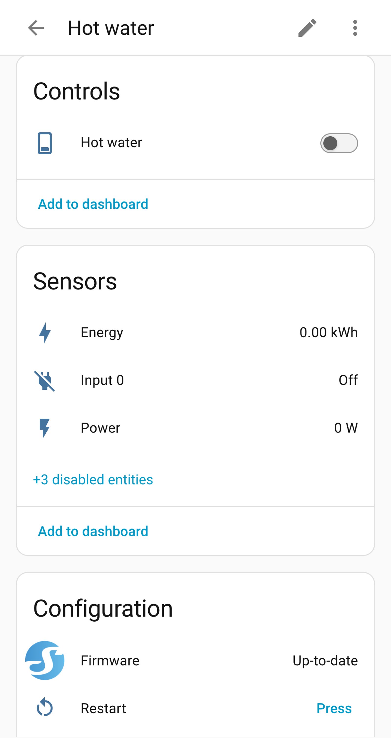 Home Assistant device page for the Ogemray relay named Hot water: the switch off at the peak rate, with Energy and Power sensors.