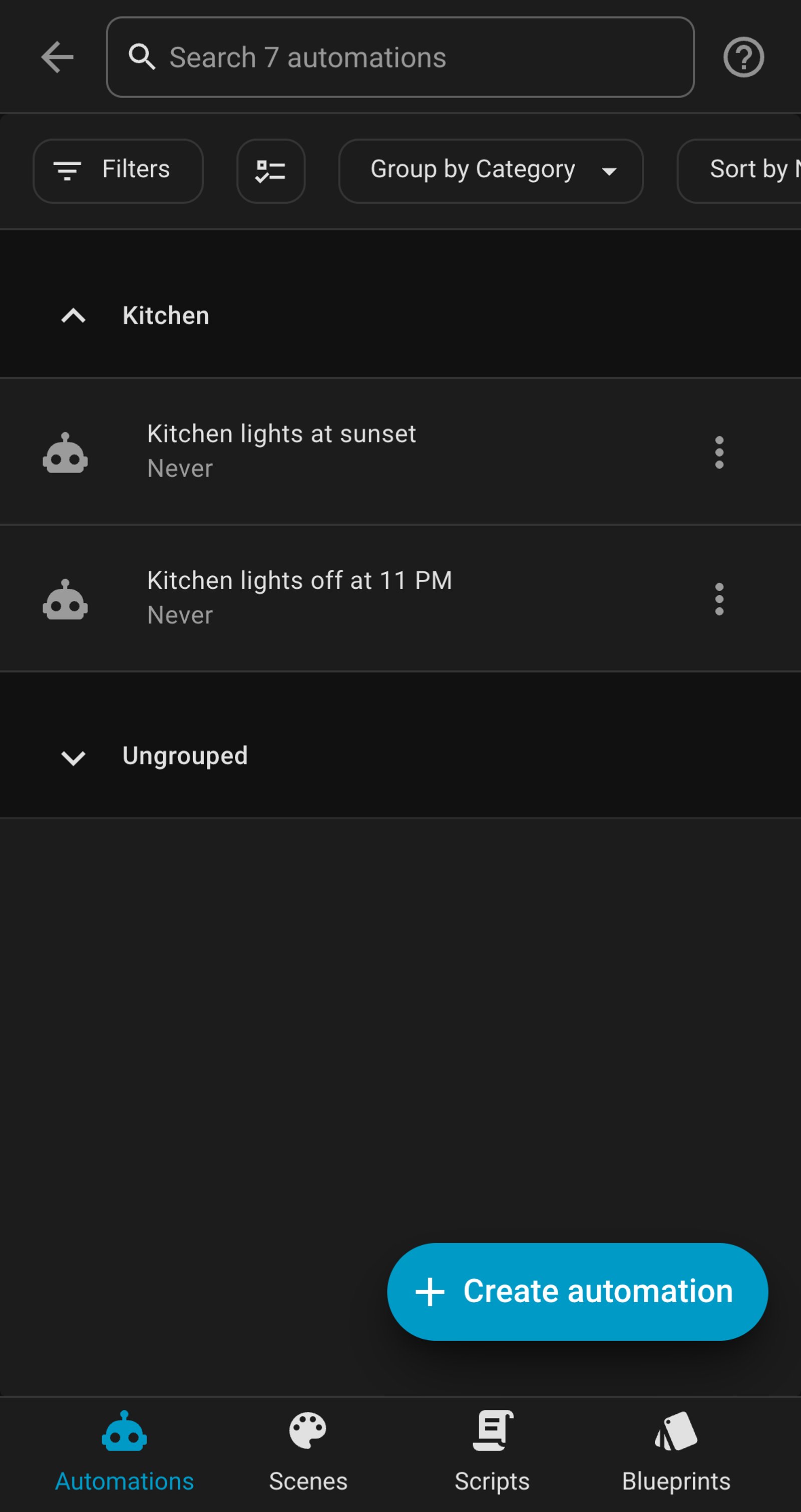Home Assistant automations list showing Kitchen lights at sunset and Kitchen lights off at 11 PM.