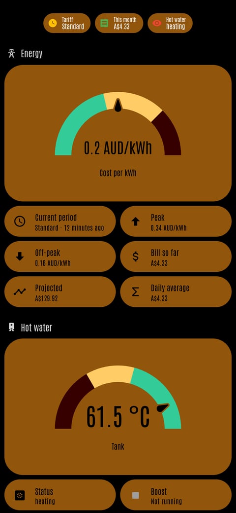 Home Assistant energy lab dashboard running the LCARS theme (Lower Decks), on a phone
