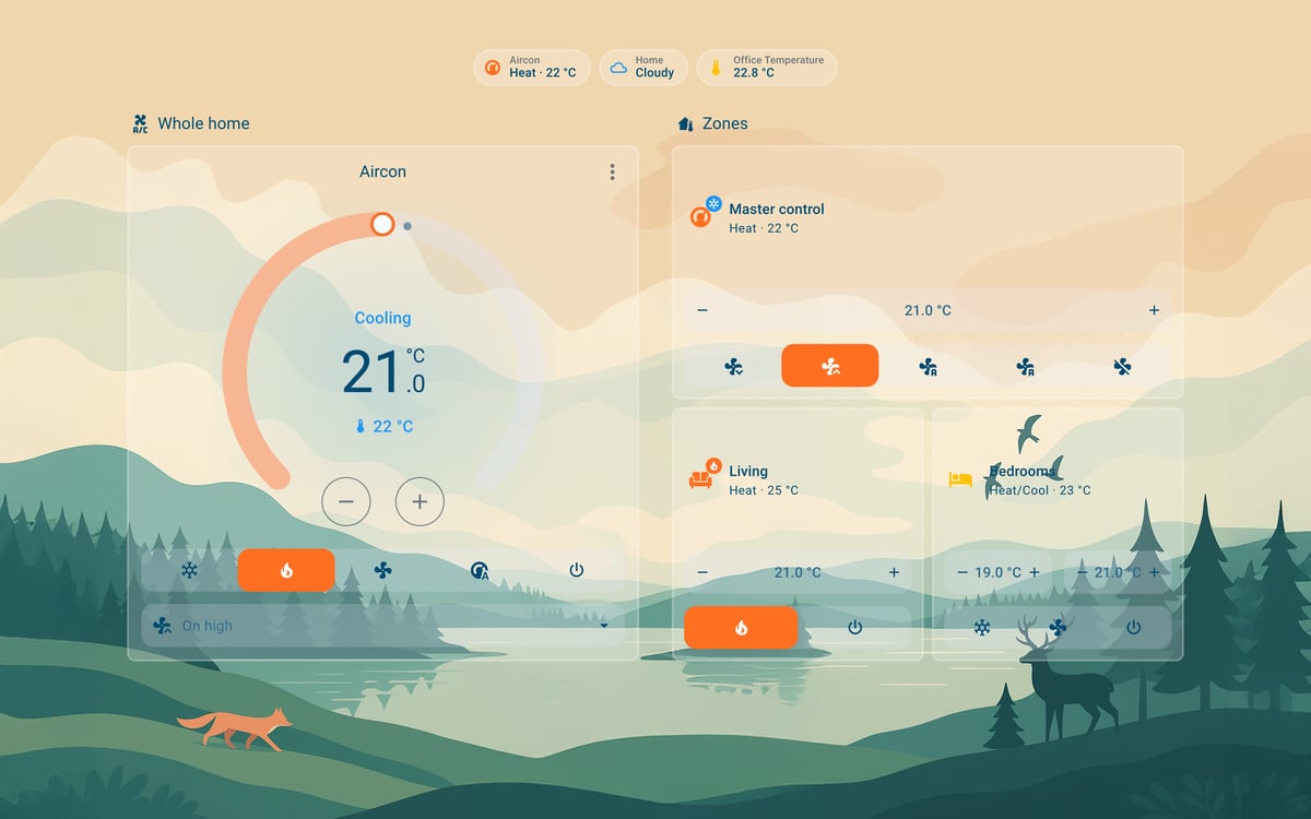 Home Assistant aircon lab dashboard running the Simple Dreams theme (Light), on desktop
