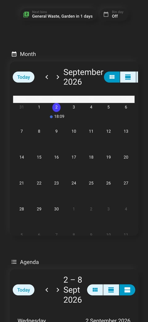 Home Assistant calendar lab dashboard running the Soft theme (Dark), on a phone