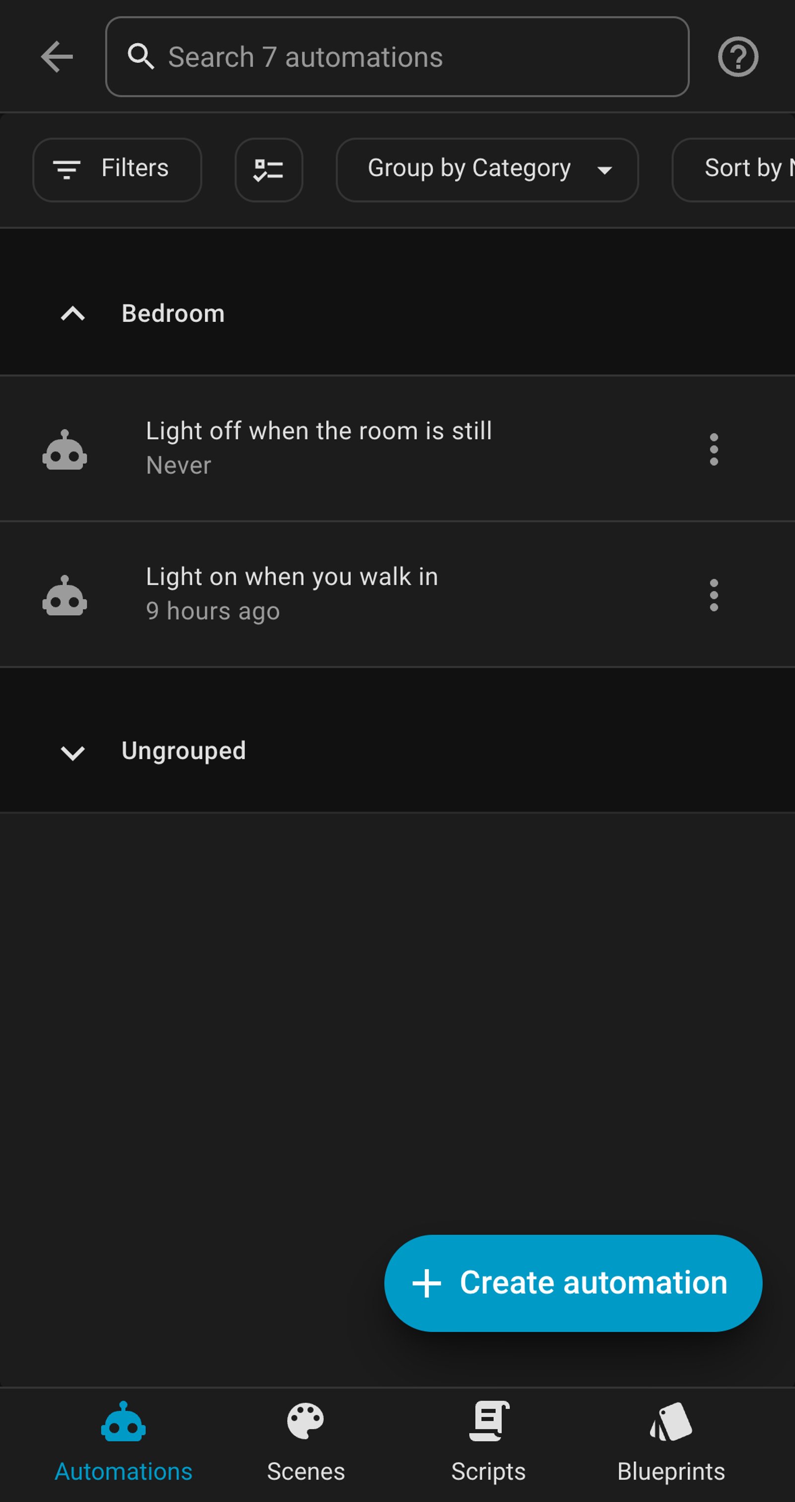 Home Assistant automations list showing Light off when the room is still and Light on when you walk in.