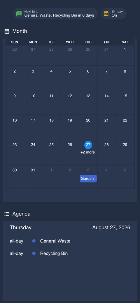 Home Assistant calendar lab dashboard running the Noctis theme (Dark), on a phone