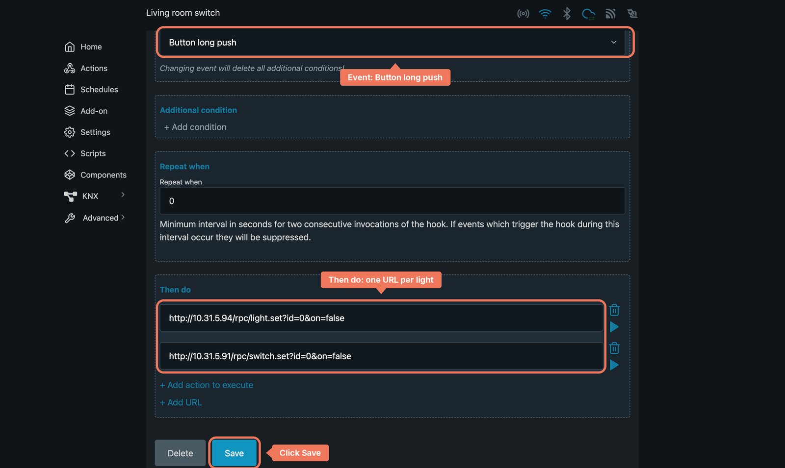 Shelly web interface action with the event Button long push and two URLs under Then do that switch both lights off, and Save marked.