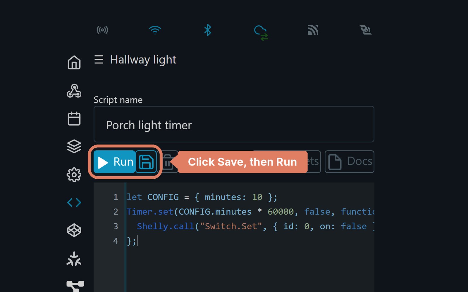 The Shelly web page's script editor, with the Save and Run buttons marked