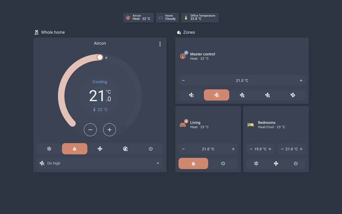 Home Assistant aircon lab dashboard running the Nordic theme (Dark), on desktop