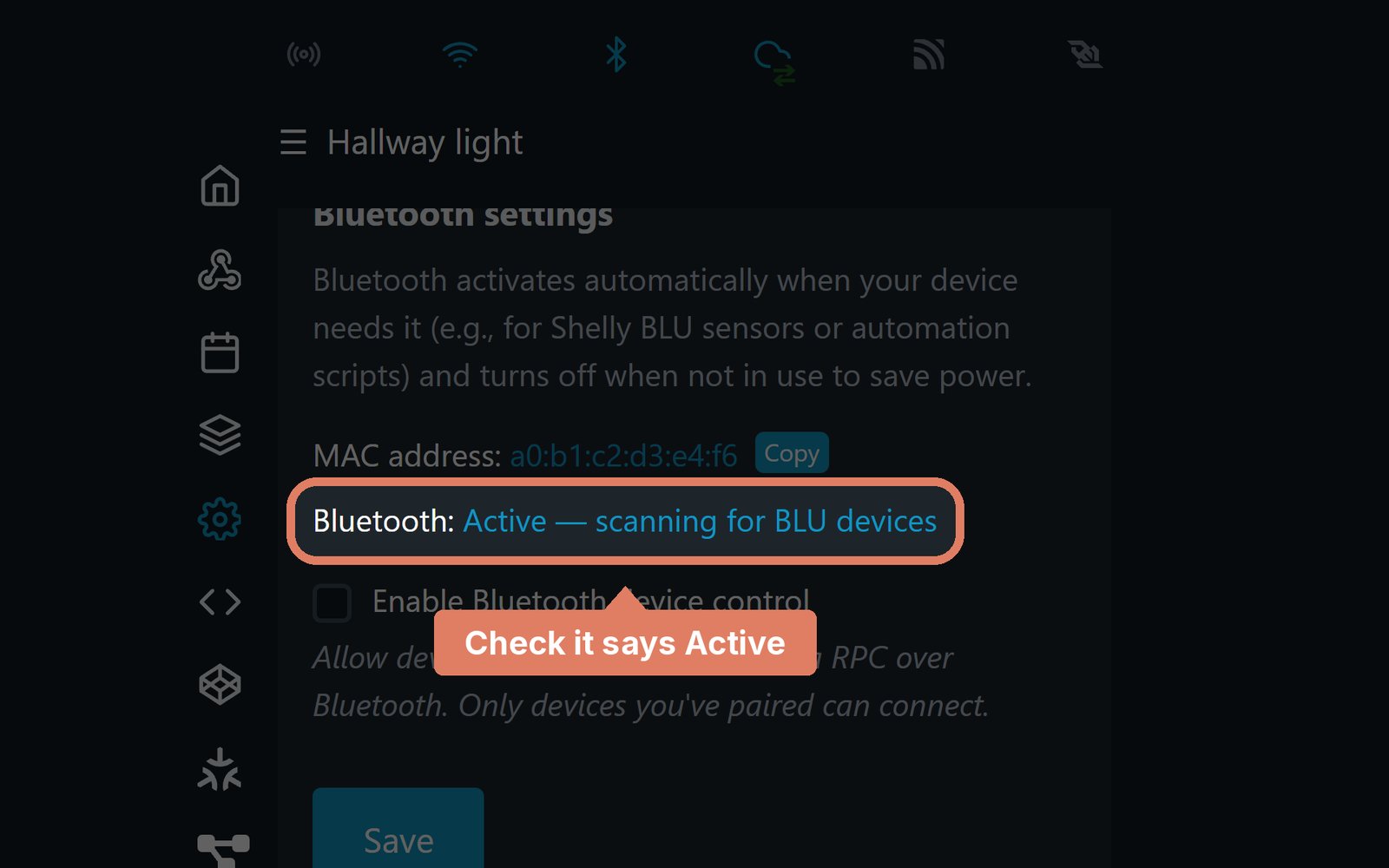 The Shelly web page's Bluetooth settings, with the status line marked showing Active, scanning for BLU devices