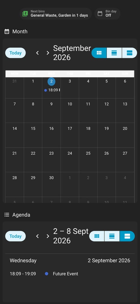 Home Assistant calendar lab dashboard running the Slate theme (Dark), on a phone