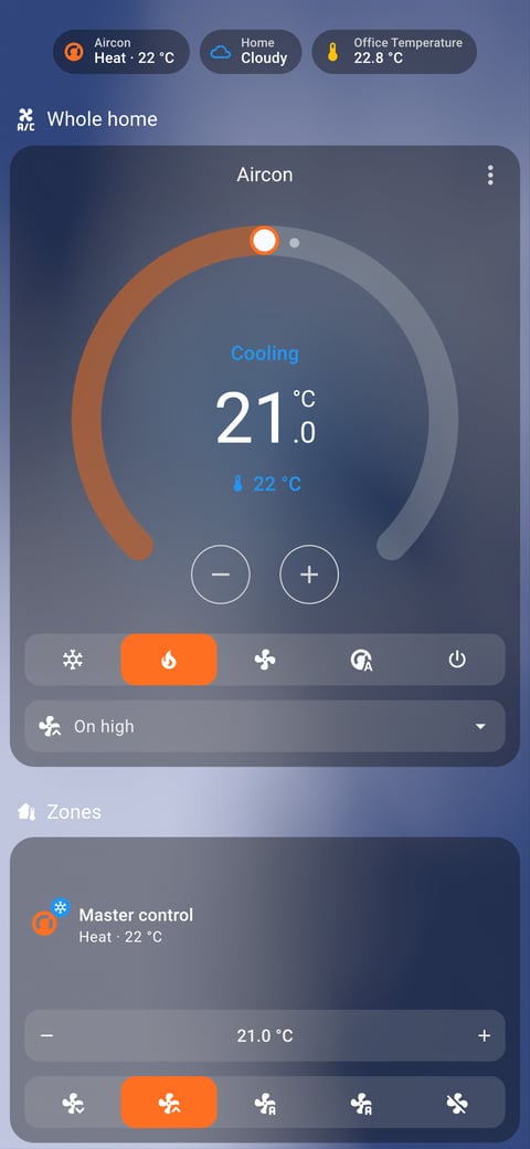 Home Assistant aircon lab dashboard running the iOS Themes theme (Dark), on a phone