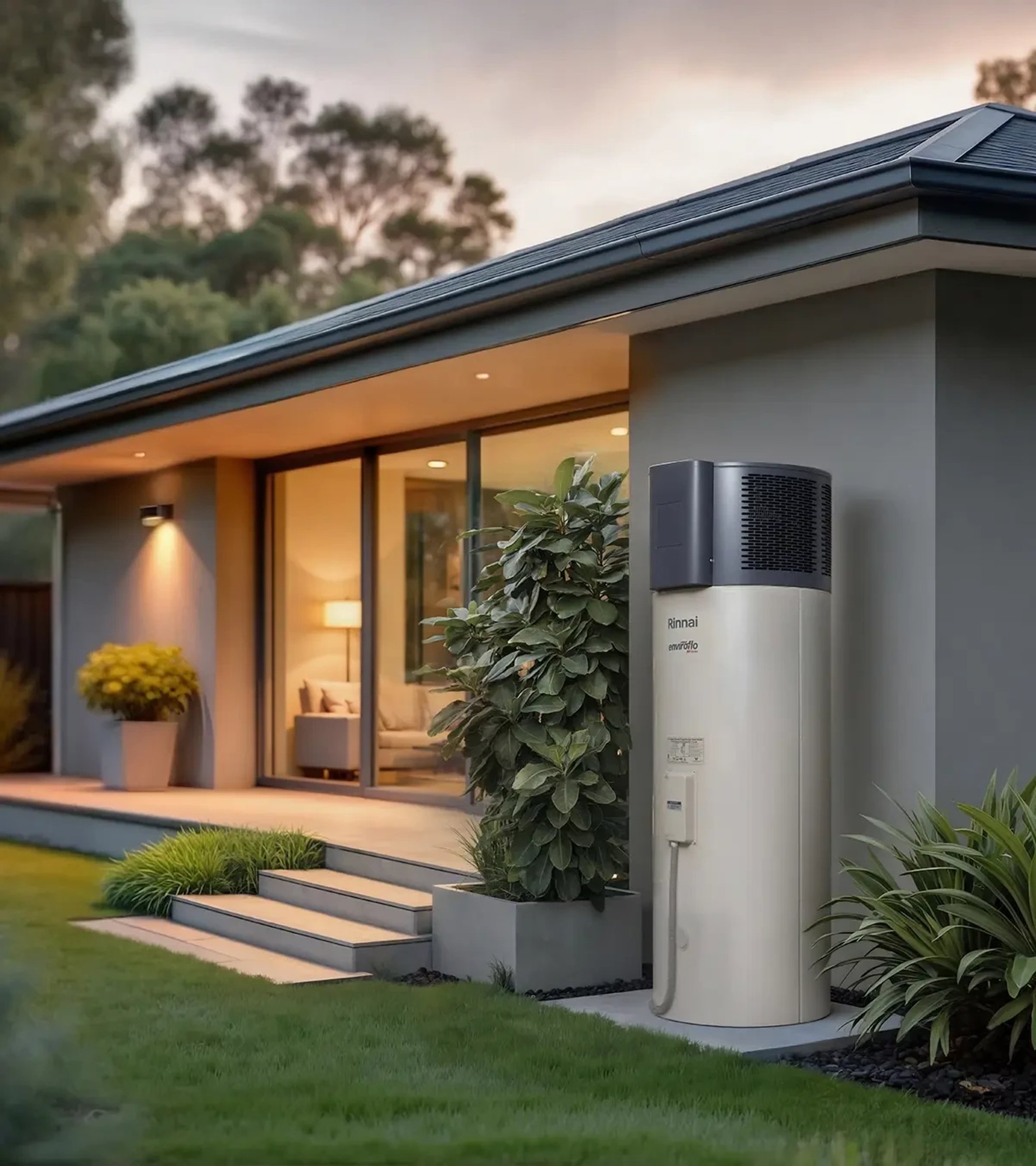 A heat pump hot water system against the side wall of a single-storey house at dusk, beside a potted plant and a lit living room.