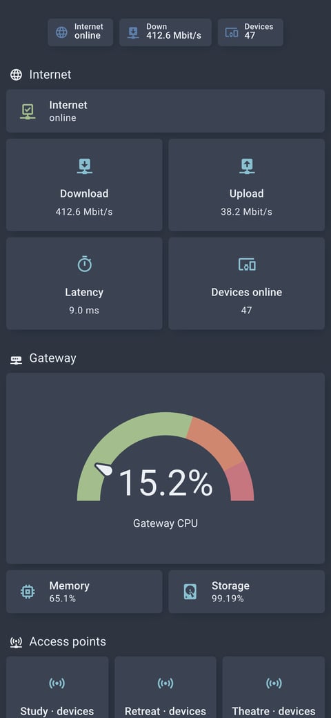 Home Assistant network lab dashboard running the Nordic theme (Blue dark), on a phone