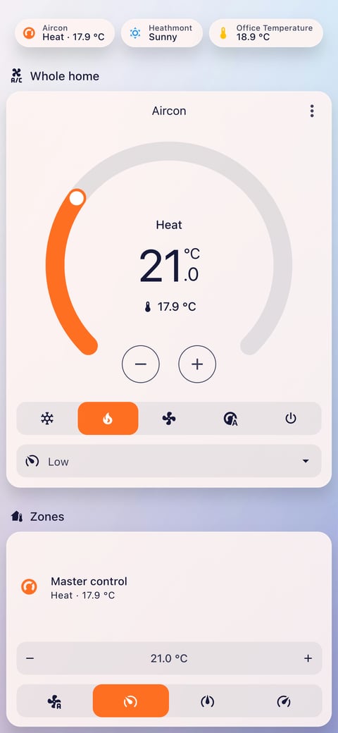 Home Assistant aircon lab dashboard running the Frosted Glass theme (Lite light), on a phone