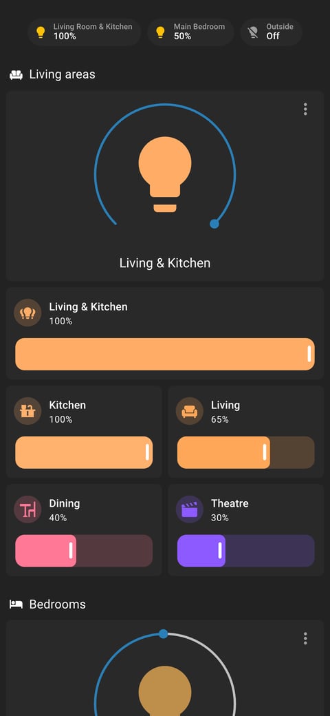 Home Assistant lights lab dashboard running the Slate theme (Dark), on a phone
