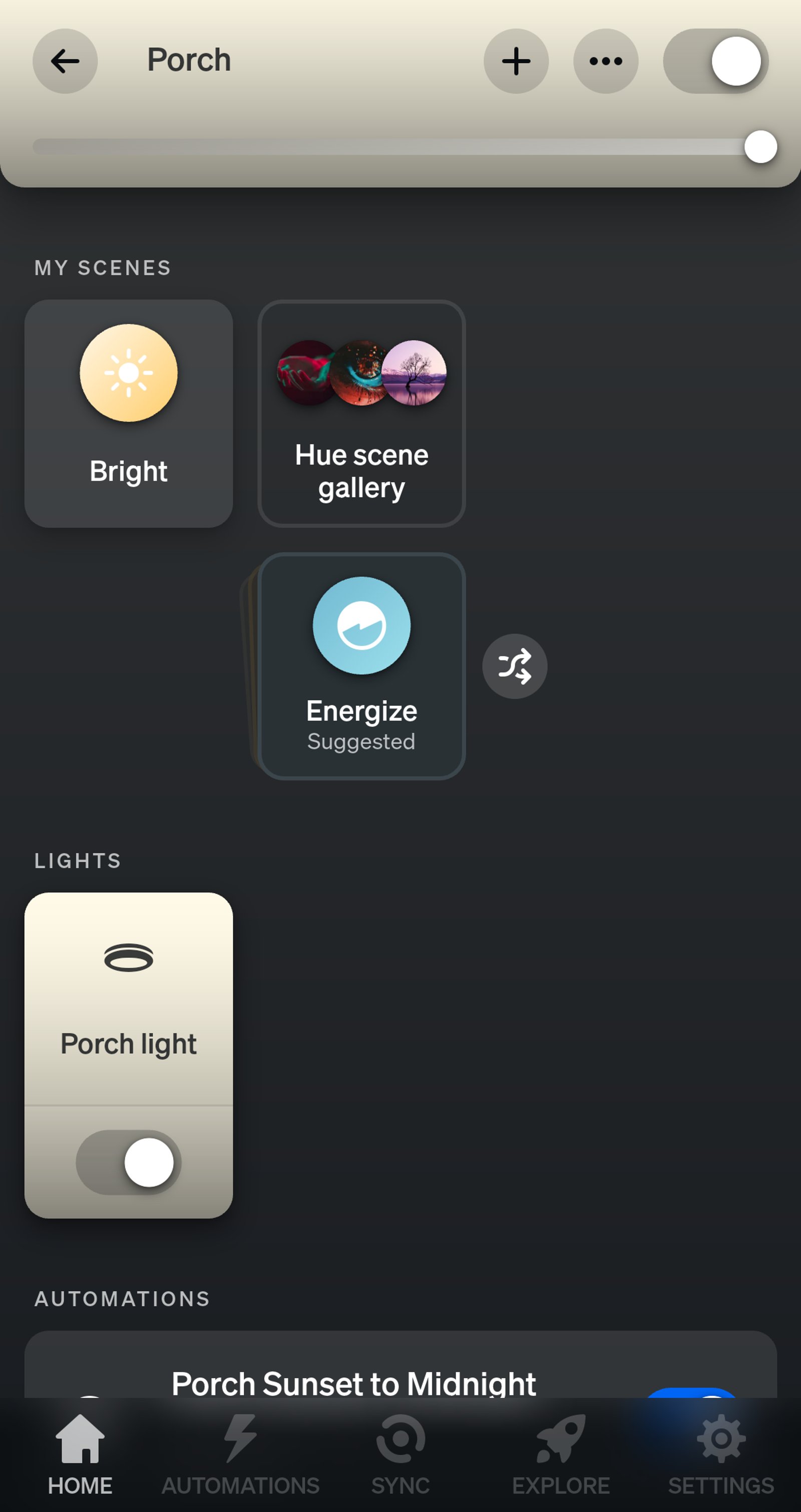 Philips Hue app Porch room page showing the Bright scene, a light named Porch light and the Porch Sunset to Midnight automation.
