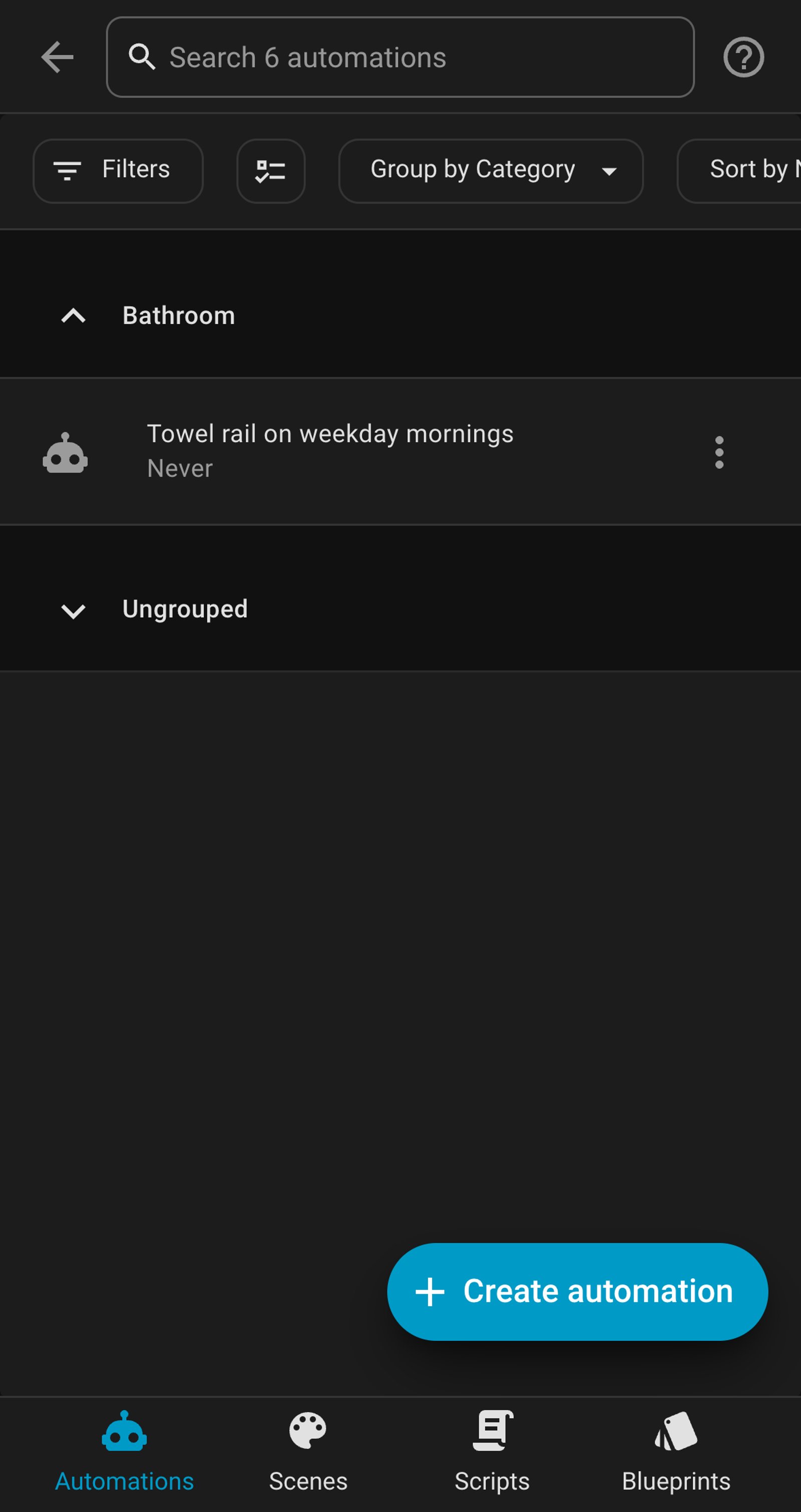 Home Assistant automations list showing Towel rail on weekday mornings in a Bathroom group.