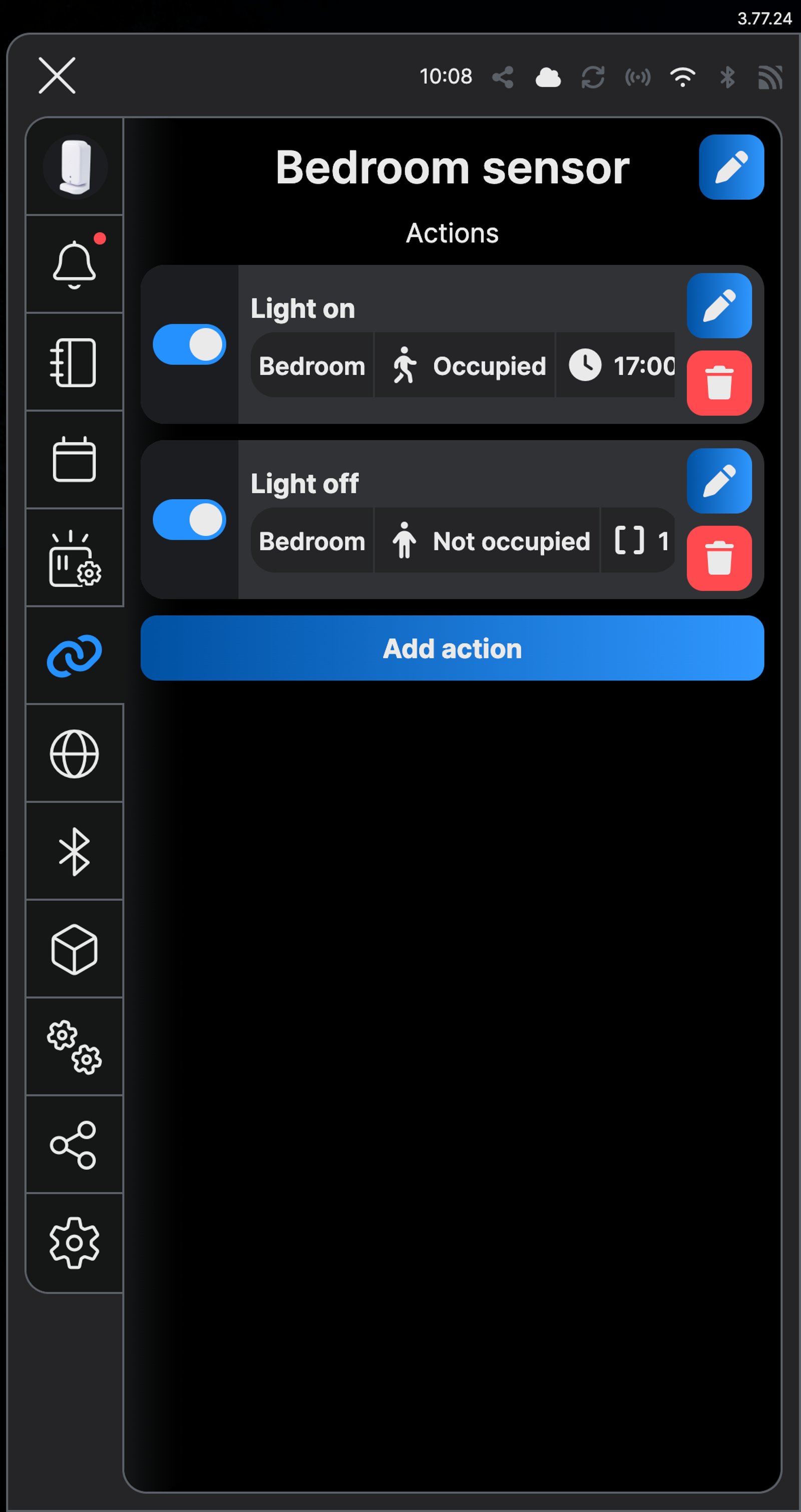 Shelly app Actions screen for a presence sensor named Bedroom sensor, with a Light on action for when the Bedroom is occupied from 17:00 and a Light off action for when it's not occupied.