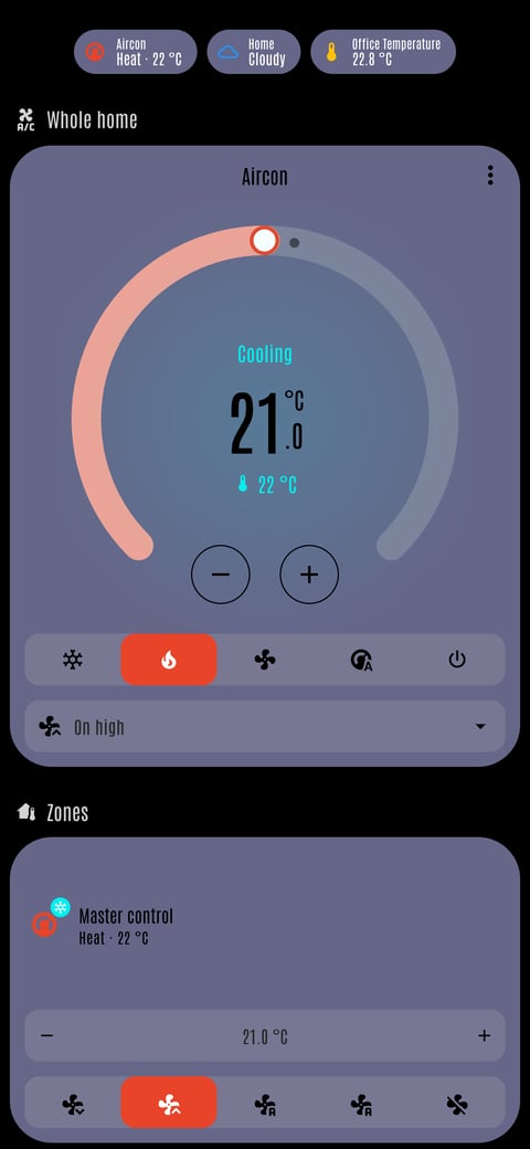 Home Assistant aircon lab dashboard running the LCARS theme (Default), on a phone