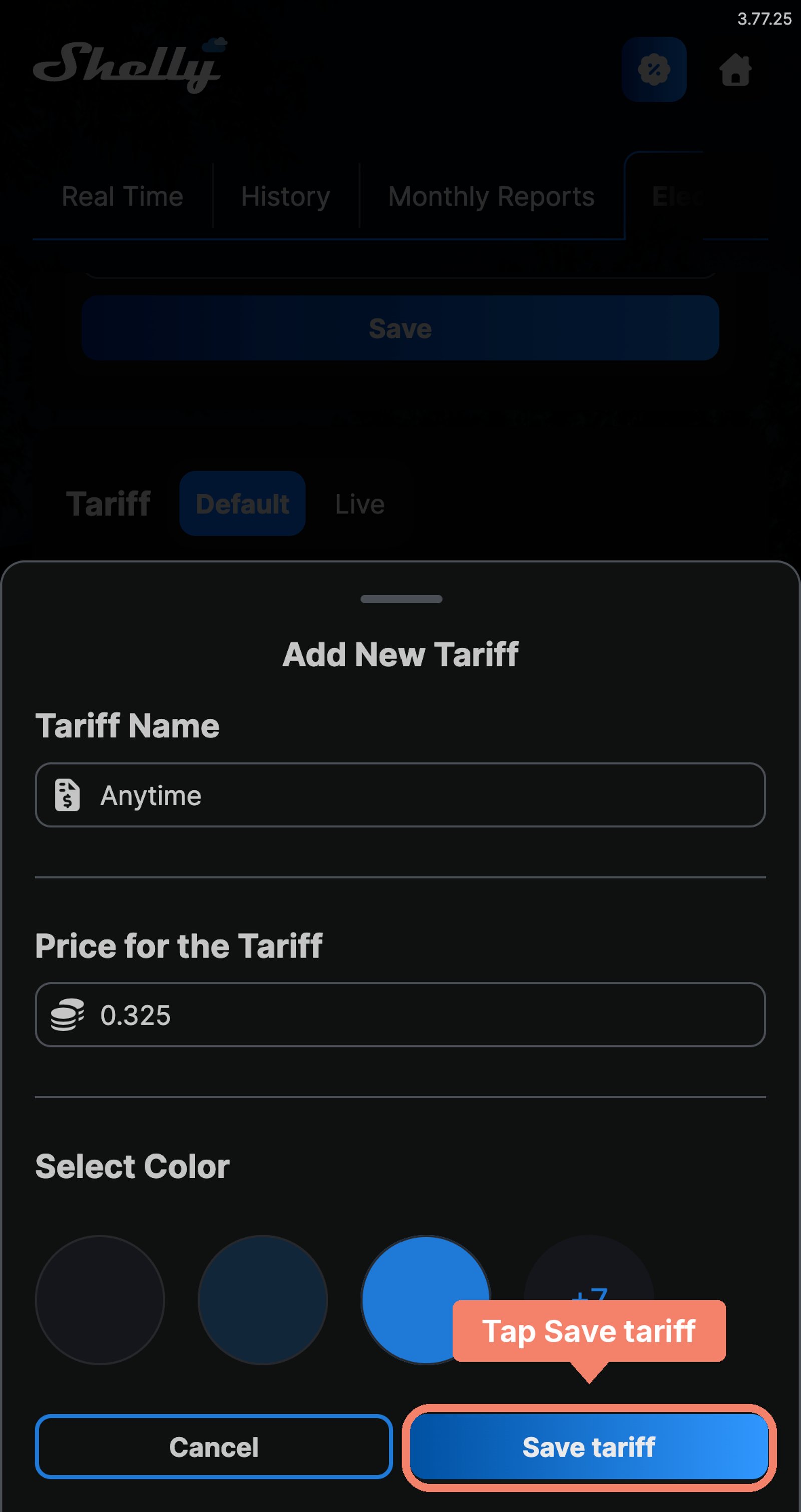 Shelly app Add New Tariff dialog with the name Anytime, a price of 0.325 and a blue colour, and the Save tariff button marked.