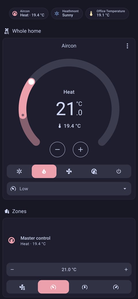 Home Assistant aircon lab dashboard running the Catppuccin theme (Mocha), on a phone