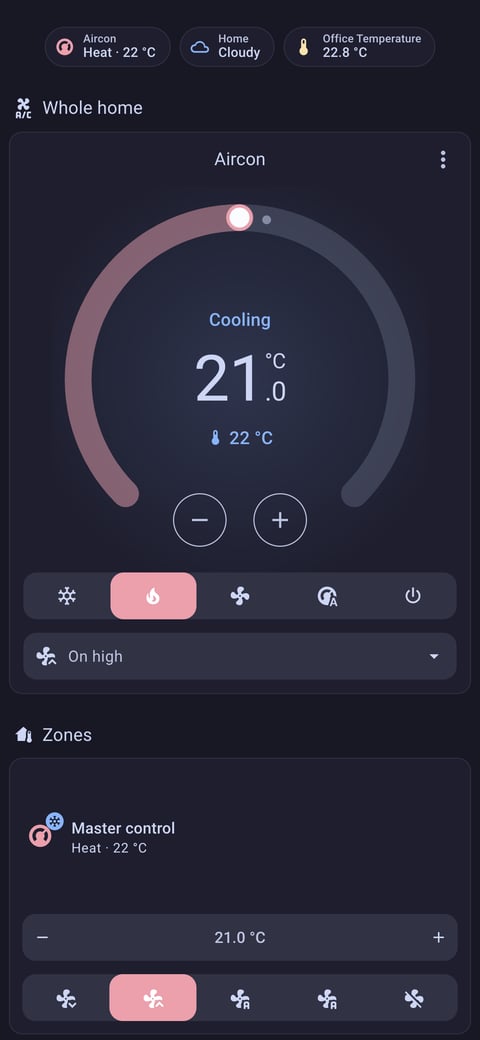 Home Assistant aircon lab dashboard running the Catppuccin theme (Mocha), on a phone