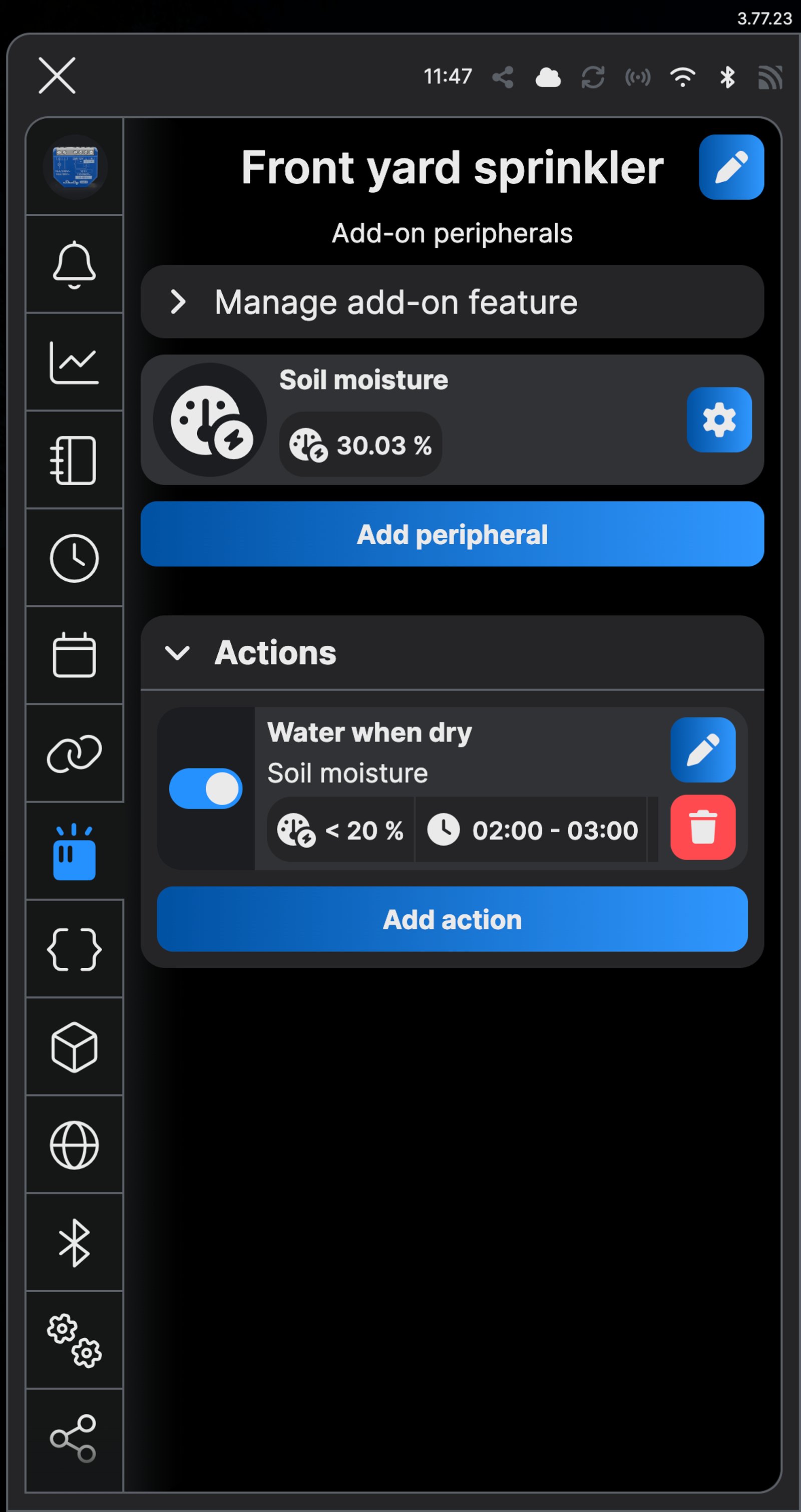 Shelly app Add-on screen for Front yard sprinkler, showing the Water when dry action: below 20% soil moisture, between 02:00 and 03:00.