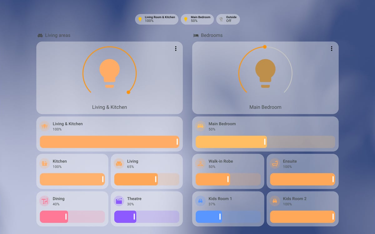 Home Assistant lights lab dashboard running the iOS Themes theme (Light), on desktop