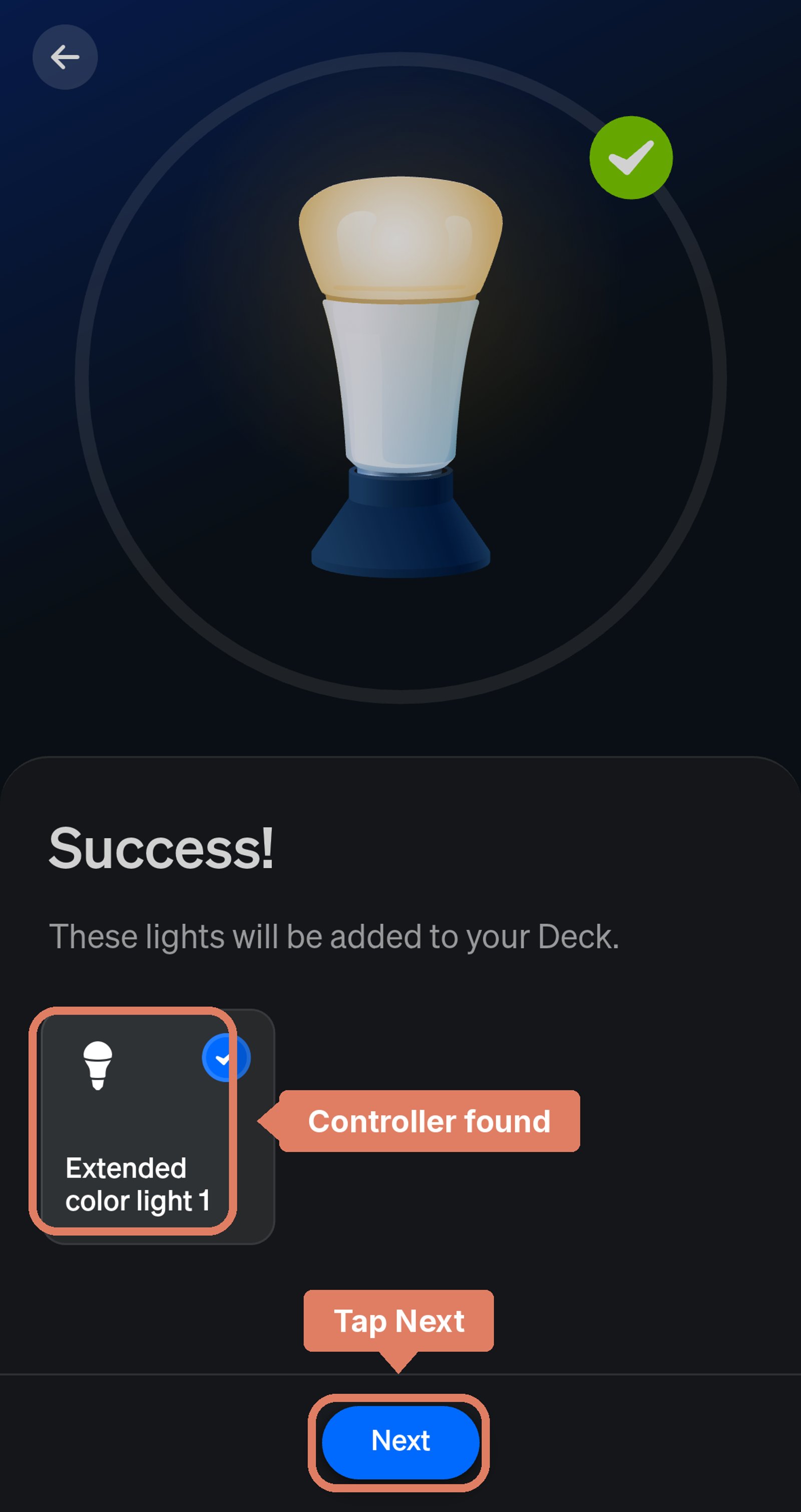 Philips Hue app search result reading Success, with the controller found as Extended color light 1 and Next marked.