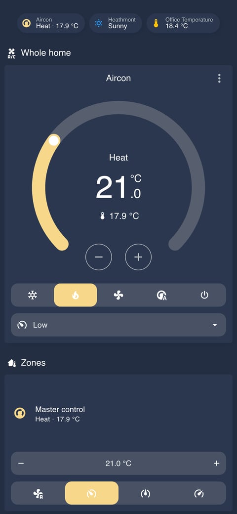 Home Assistant aircon lab dashboard running the Noctis theme (Dark), on a phone