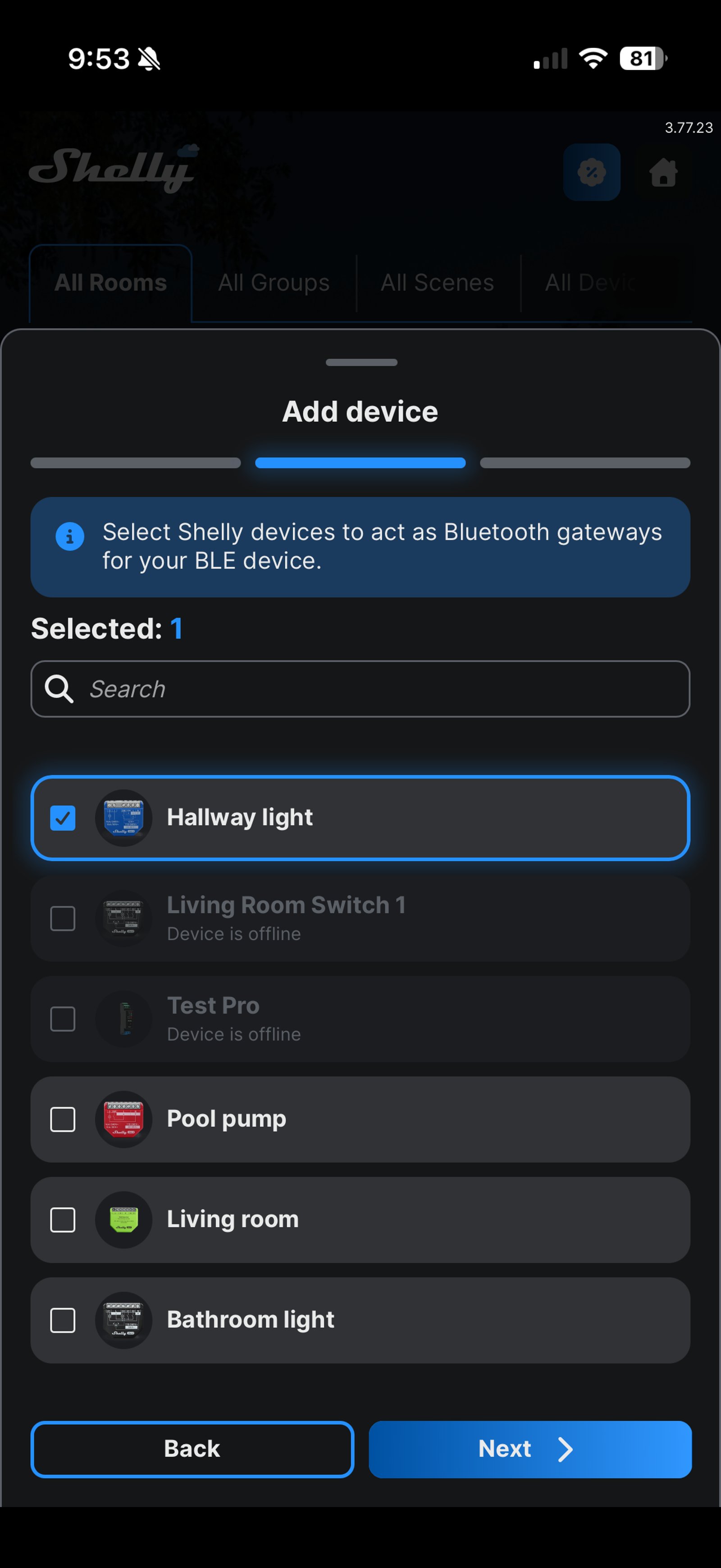 Shelly Smart Control Bluetooth gateway screen with Hallway light ticked from a list of Shelly devices, Selected: 1