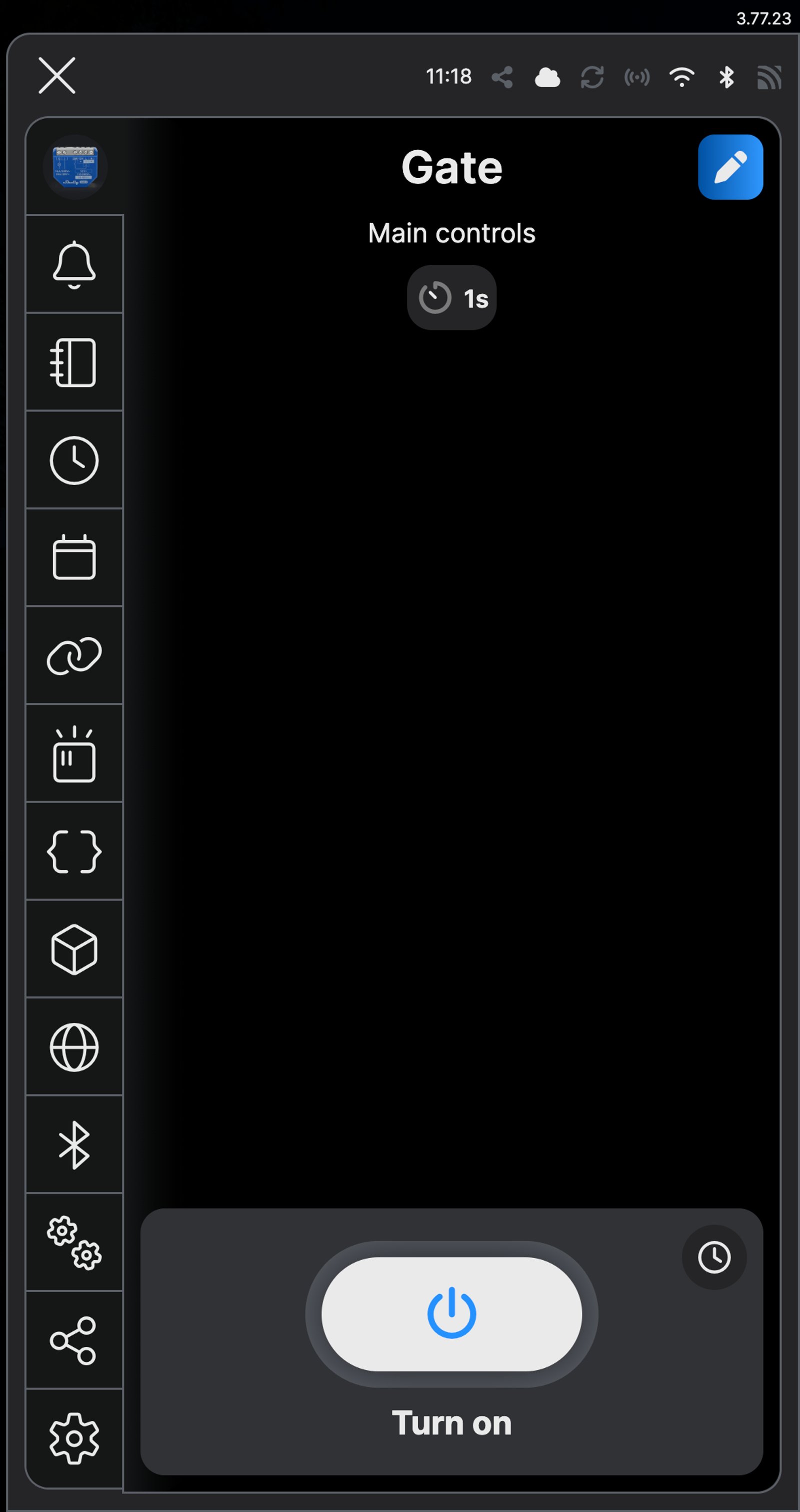 Shelly app main controls for a device named Gate, with a single Turn on button and a one-second timer chip.