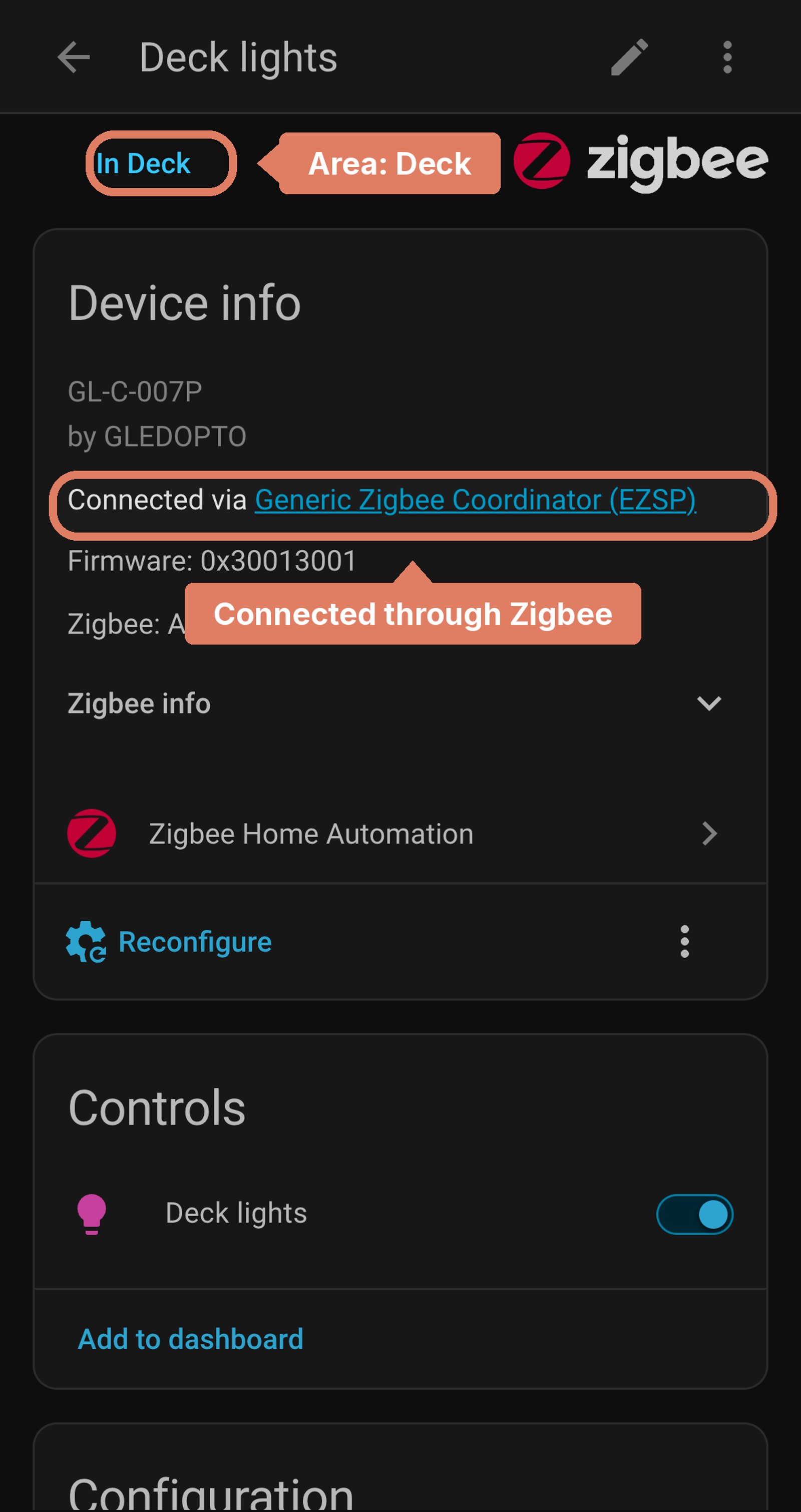 Home Assistant device page for Deck lights, with the Deck area and the Zigbee connection labelled.