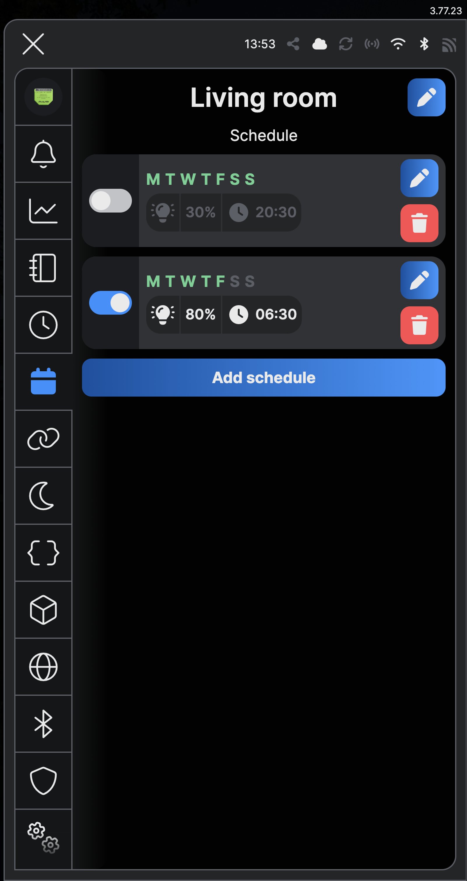 Shelly app schedule list for Living room with the 20:30 evening schedule switched off and the 06:30 weekday schedule on.